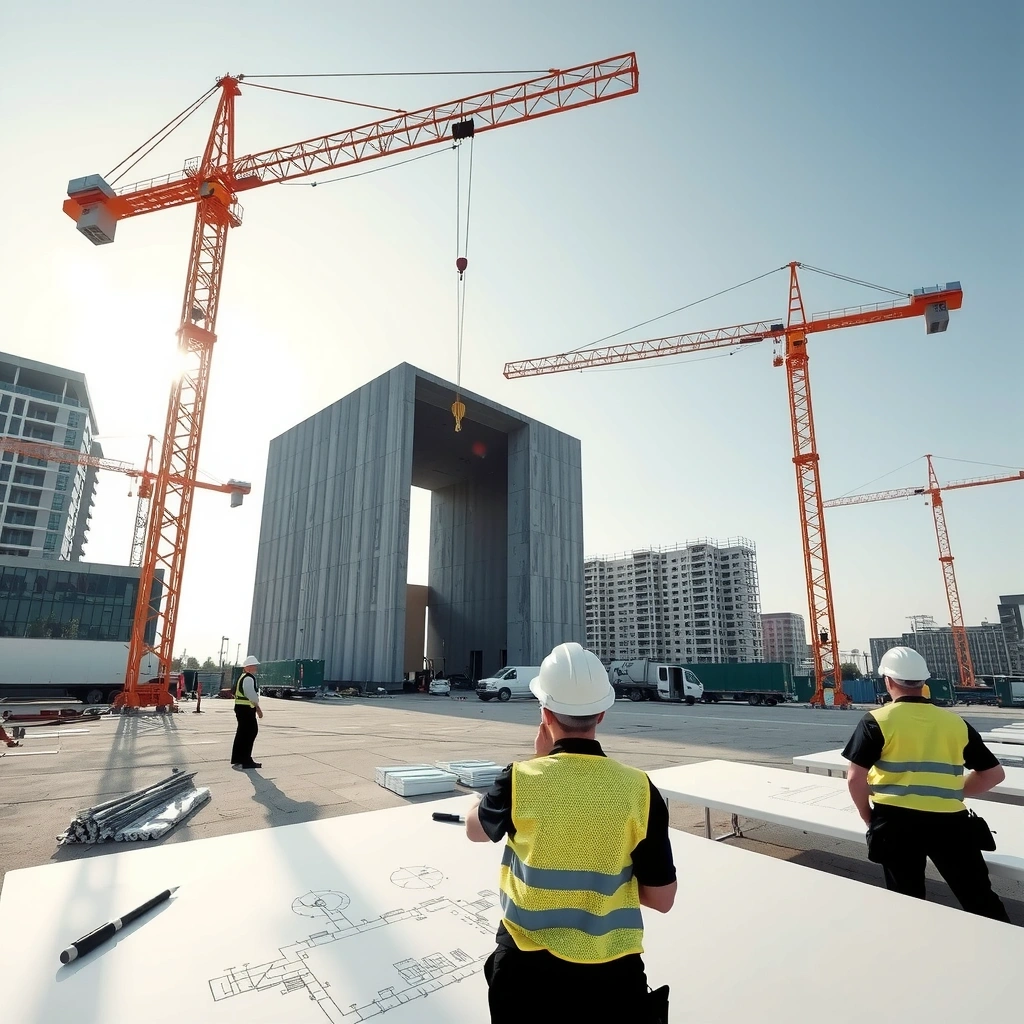 Modern construction project with cranes and buildings
